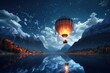 Leinwandbild Motiv Beautiful view of mountains and lake, aerostat fly hot baloon