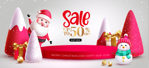 Wall Mural - Christmas sale podium vector banner design. Merry christmas and happy new year greeting text with santa claus and snow man characters in stage podium background. Vector illustration product display 