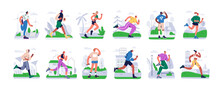 Jogging, Running People Set. Active Healthy Runners, Joggers Training In City Park, Nature. Sport Men, Women, Athletes Exercising Outdoors. Flat Vector Illustrations Isolated On White Background