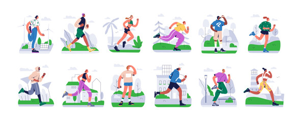 Wall Mural - Jogging, running people set. Active healthy runners, joggers training in city park, nature. Sport men, women, athletes exercising outdoors. Flat vector illustrations isolated on white background