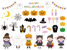 ハロウィンのかわいいベクターアイコンイラストセット 　ハロウィン、子供、仮装、10月、秋