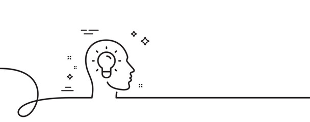 Sticker - Idea head line icon. Continuous one line with curl. Lightbulb sign. Core value symbol. Idea head single outline ribbon. Loop curve pattern. Vector