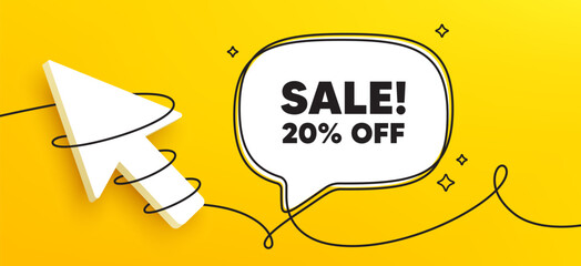 Sale 20 percent off discount. Continuous line chat banner. Promotion price offer sign. Retail badge symbol. Sale speech bubble message. Wrapped 3d cursor icon. Vector