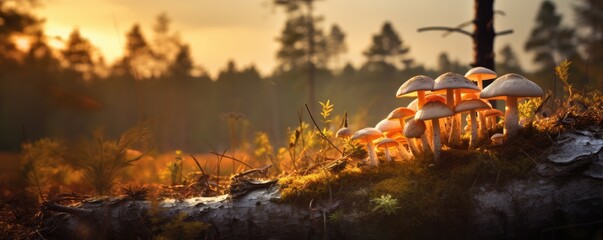 Fresh healthy mushroom in green sunny coniferous forest, panorama. Generative Ai.