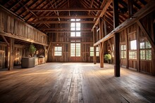 restored barn interior with exposed wooden beams