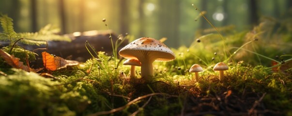 Fresh healthy mushroom in green sunny coniferous forest, panorama. Generative Ai.