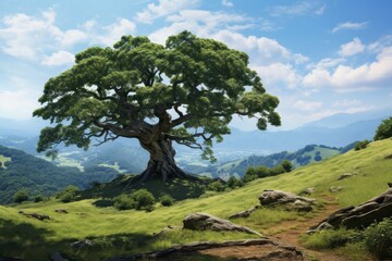 Sticker - a large tree on top of a hill in a mountainous area. Beautiful landscape. generative ai.