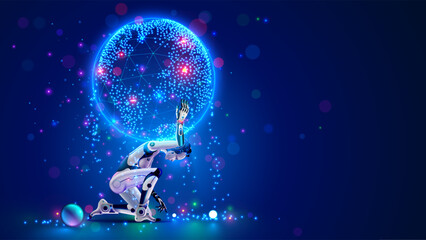 Aufkleber - AI saves the world from apocalypse. Robot woman holds on the shoulders globe. Artificial intelligence saves nature and humanity from disaster. AI trying to save civilization from the end of the world.