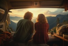 Travel Couple By Mobile Motor Home RV Campervan. People Sitting In Chairs Relaxing Camping And Enjoying Traveling. Young Couple Enjoying Coffee In Nature Landscape. Generative Ai.