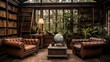 A vintage-inspired library with antique leather armchairs, old maps, and globes as decor 