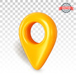 Yellow map pointer or GPS location icon in three-quarter front view. Realistic 3D vector graphic placed on a transparent background and includes a shadow