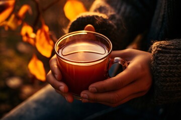 pair of hands holding a mug of steaming hot apple cider against a backdrop of colorful fall foliage