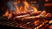 Sausage, Merguez On A Barbecue Grill, Sausage On A Bbq, Summer Party, Roasted Meat, Chicken, Pork, Lamb, Spicy Meat, Flames, Traditional Barbecue, American Food, Grilled Meat, Grill