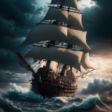 A Huge Wooden Ship With Multiple Sails That Looks Like A Pirate Ship In The Sea Among The Storm