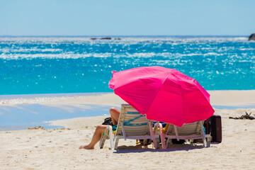 Wall Mural - Lounger chairs and parasol umbrellas on sandy beach in Cape Town