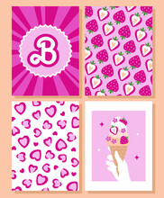 Barbie Posters Set. Arts With Barbie In Bright Pink Color. Pink Vintage Logo. Pattern. Movie Poster Trendy Barbiecore Aesthetic. Vector Illustration. Modern Print. 