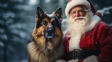 Santa Claus And A German Shepherd Dog In The Snowy Winter Landscape