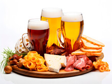 Beer Glasses With Foamy Premium Beer Surrounded By Various Appetizers, Decorations Isolated On White Background