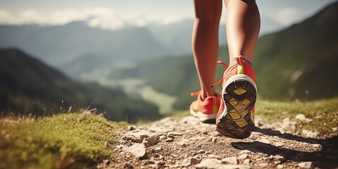 Men's legs with sports shoes and a backpack run along a mountain path.