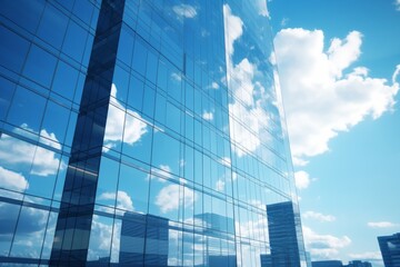 modern glass building with clear blue sky and fluffy clouds, futuristic architecture, copy space, ge