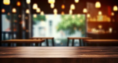 Wall Mural - This stunning coffee shop photograph featuring a cozy shelf and table setup, perfect for a cafe or restaurant decor. The bokeh effect in the background adds a touch of magic to the scene