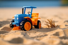 Toy Tractor On The Sand Beach Summer Vacation Wheel Rake Bucket Plastic Fish