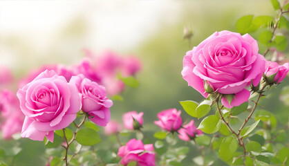 Art Beautiful wild pink rose flowers in Summer morning with copy space