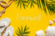 Yellow Summer Flat Lay, Shells, Palm Leaf, Text Farewell