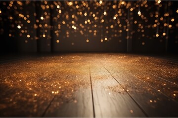 Wall Mural - Wooden board display with gold glittering dust, bokeh lights. Holiday background. 