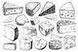 Collection of cheese, brie, camember, parmesan and blue cheese, European cheese assortment, slices, black ink engraving  drawing, isolated, transparent png