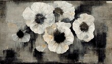 Generative AI, Black Watercolor Abstract Painted Flowers On Vintage Background. Ink Black Street Graffiti Art On A Textured Paper, Washes And Brush Strokes..