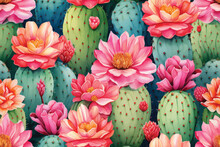 Watercolor Painting Of Seamless Pattern Cactus And Flowers