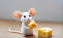 Cute Cartoon White Mouse With Cheese