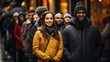Happy People group queue up waiting for stores to open for shopping on Black Friday. Sale and discounts. Generative AI