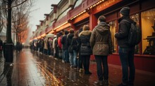 People Queue Up Waiting For Stores To Open For Shopping. Sale And Discounts. Generative AI