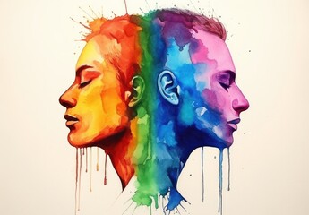 Wall Mural - two heads painted in rainbow colors, political minimalism, poster, bright lighting, watercolor, homosexual theme, figured canvas, lgbt