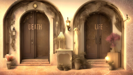 Wall Mural - Death or Life - Two Different Course of Actions That Define Future Outcome. Making the Right Choice. A Metaphoric Representation of Life's Choices, Generative AI,3d illustration