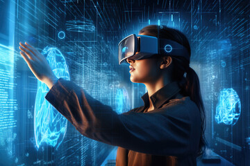 A woman scientist wearing VR goggles immersed in virtual reality interacting with an augmented reality multimedia screen. Concept of future AR technologies and mixed reality.