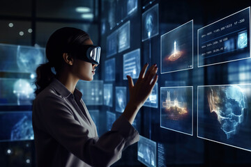 Female scientist in dark office at night wearing virtual reality goggles, touching augmented reality holographic media screen with data, working, on science project using mixed reality capabilities.