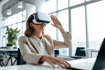 Amazed businesswoman, sitting at her desk in the office, uses a VR headset with a laptop. Female developer engaged in virtual reality, working on innovative tech projects.