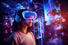 Portrait Of Young Woman In Her Dark Living Room At Night Wearing A VR Headset, Exploring A Glowing Augmented Reality World. Girl Immersed In Mixed Reality Simulation Blends Real And Digital World.