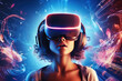 Portrait of amazed young woman in a VR headset explores the metaverse's virtual space. Gaming and futuristic entertainment concept
