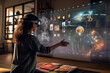 Woman in her living room wearing virtual reality headset, immersed in mixed reality, using augmented reality and gesturing for control and interact with the apps on multimedia screen projection.