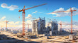 © arhendrix - Tower cranes against the blue or sunrise or sunset sky. House under construction. Industrial skyline