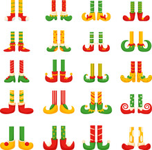 Elves Legs, Christmas Dwarf Feet In Pants And Shoes. Fun Elf Leg, Cute Cartoon Gnomes Elements. Isolated Holiday Xmas Decorative Nowaday Vector Set