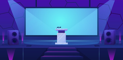 Empty event conference hall, cartoon concrete or university stage. Awards discussion scene, speaker podium or seminar tribune nowaday vector location