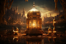 Golden Glow: Majestic Ramadan Lamp Casting Radiance In Landscape