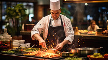 A Chef Is Demonstrating His Cooking Methods In The Restaurant, Attracting Many Customers To Come And Taste