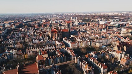 Wall Mural - Gdansk city in Poland. Historical center in old town in european city, aerial view. Panoramic skyline of modern european city