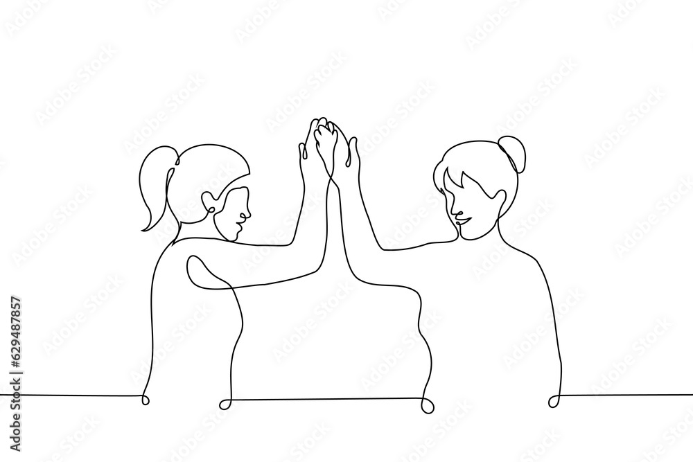 Solidatity Drawing women stands giving each other five smiling - one line drawing vector ...